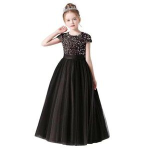 Formal Dress for Teenagers Black Flower Girl Dress Black Sequins Tulle SZ 16
